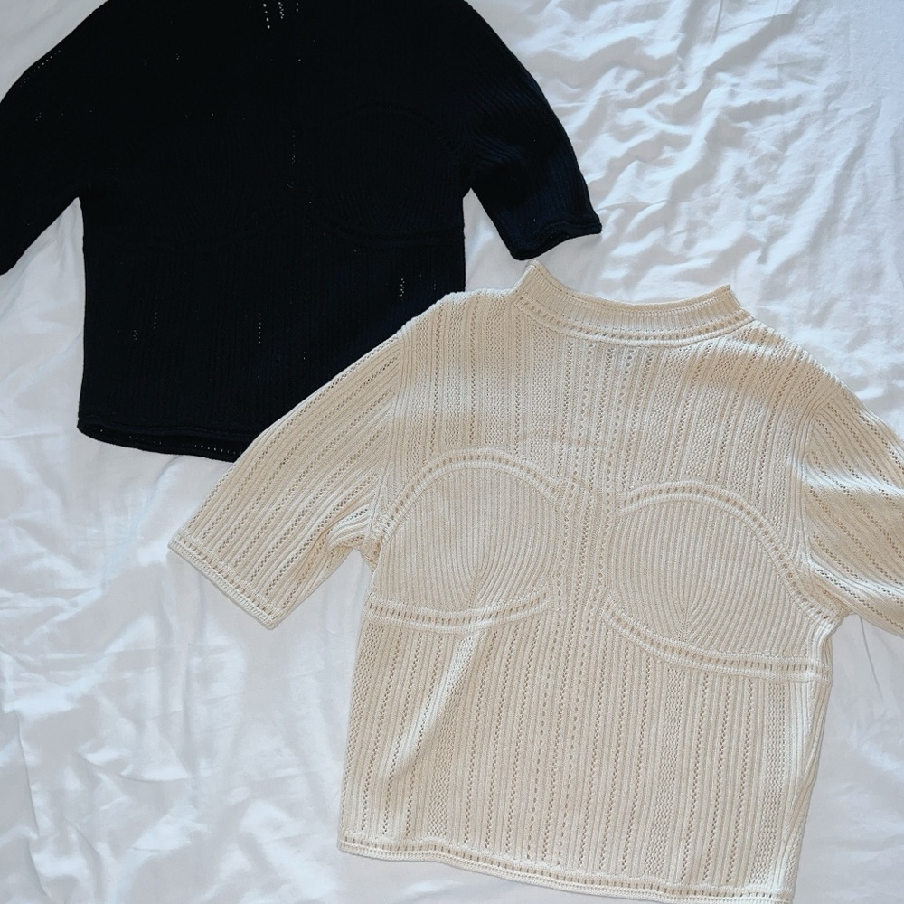 Uniqlo x Mame Kurogouchi 3D Knit Half Sleeve Sweater Top XS (Ivory & Black Set)